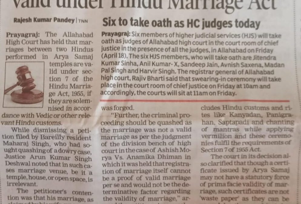 Marriages at Arya Samaj temples valid under Hindu